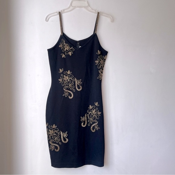 Vintage 90s The Limited Black Knit Gold Beaded Mini Dress M - Picture 1 of 3